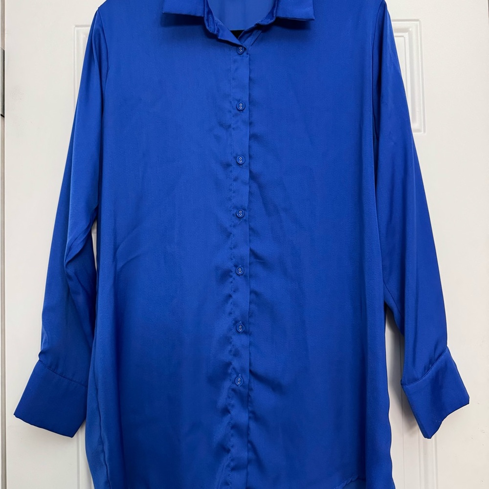 Beautiful Royal Blue Oversized Satin Women's Blouse